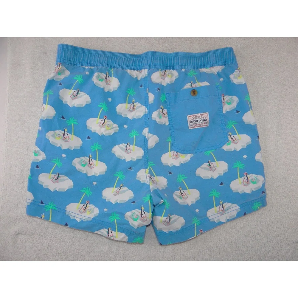 Party Pants Mens Blue Penguin Iceberg Palm‎ Tree Print Swim Trunks Size Large